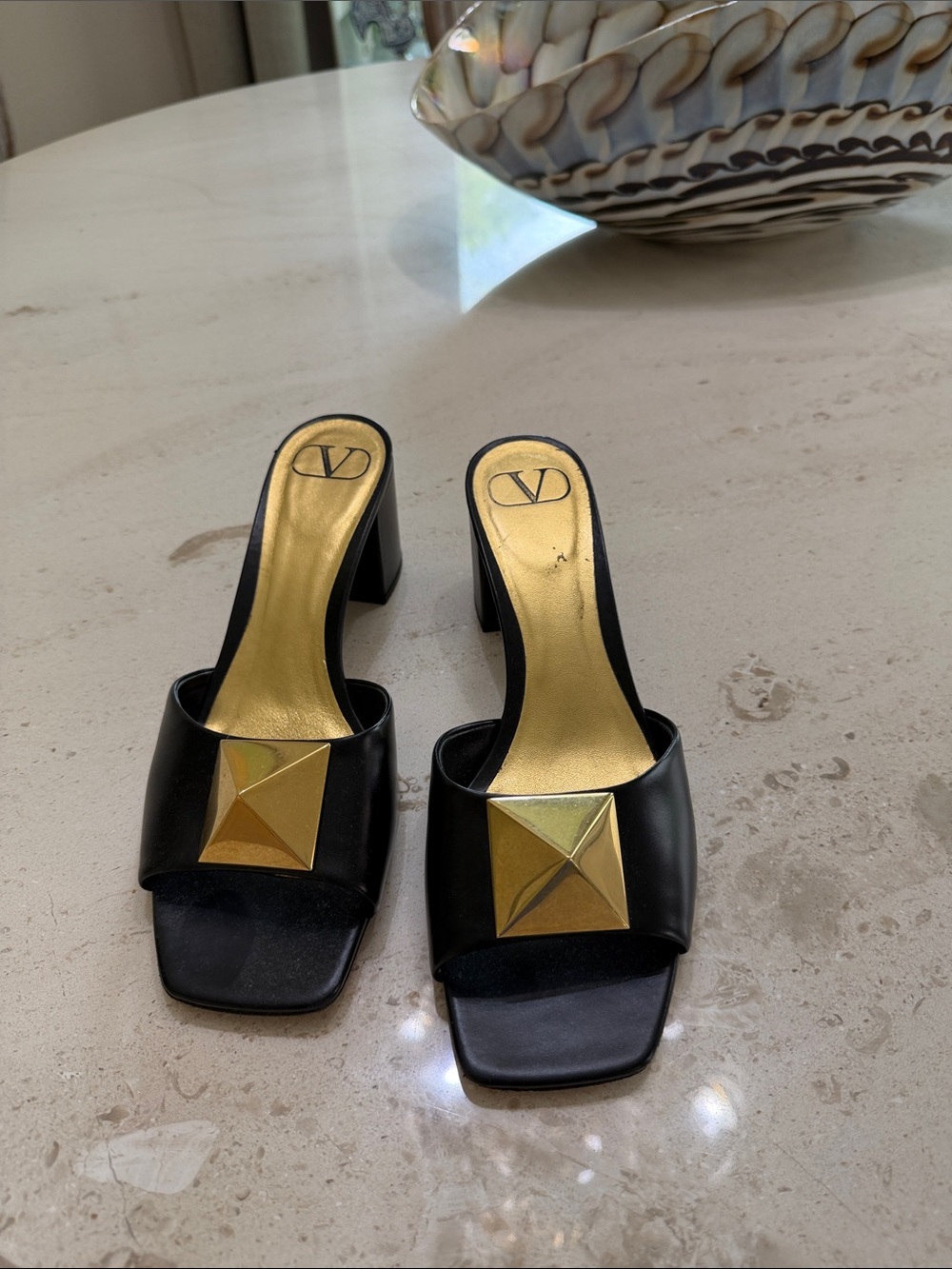 Valentino Black Leather Open-Toe Slingback Heels with Gold Pyramid Accent